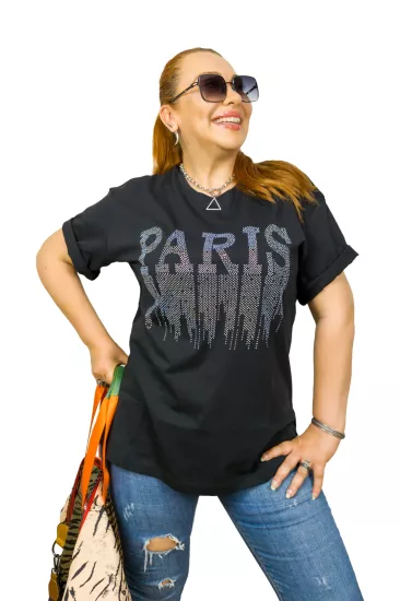 Kadın Paris Siyah Penye %100 Pamuk T-Shirt